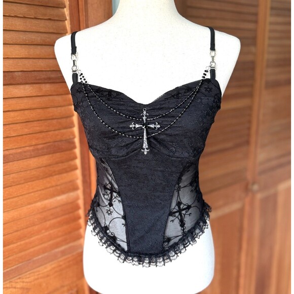 Gothic Lolita Victorian Vampire Vkei EGL Black Lace Cross & Chain Cami Top - Picture 1 of 9